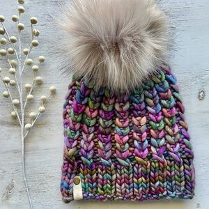 Hand Knit Chunky Beanie - Faux Fur Pom - Malabrigo Rasta Yarn